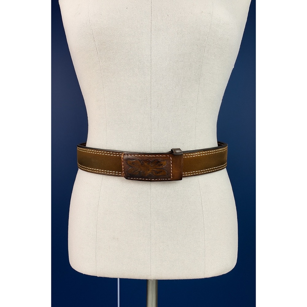 Men's Western Tooled Leather Belt Floral Design‎ Brown Suede Lined